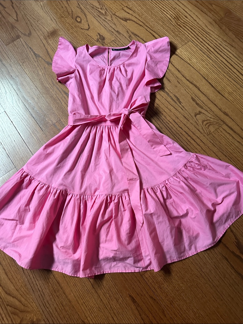 New York & Company Pink Flutter Sleeve Tiered Mini Dress with Tie Waist